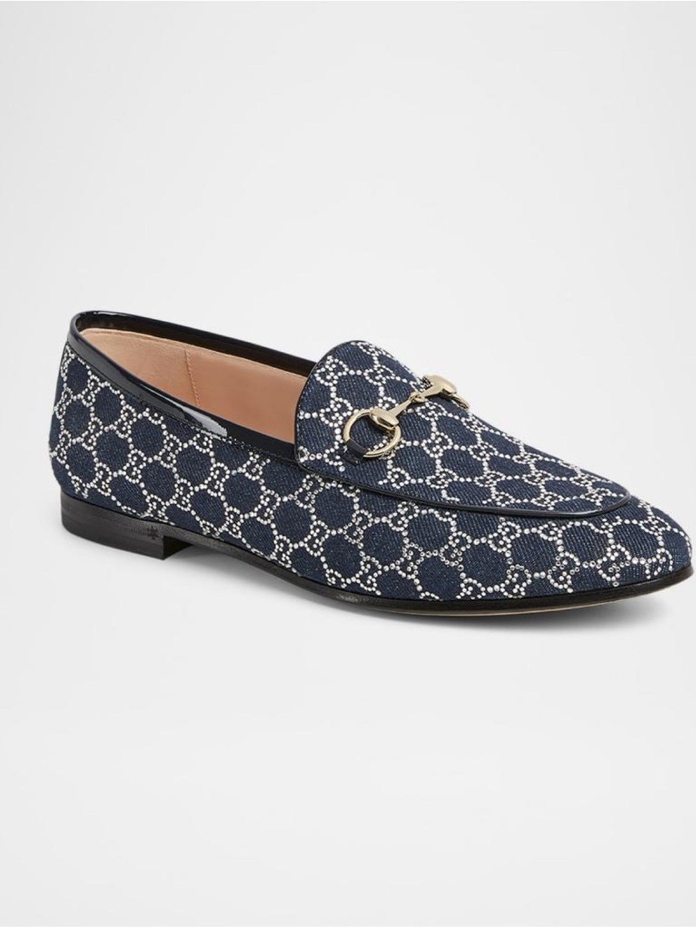 Gucci Jordaan denim Horsebit Crystal GG Monogram Flats loafers